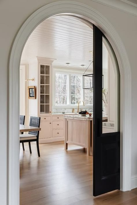 Arched Black Pocket Doors with Glass Panels - Transitional - Kitchen Pocket Doors With Glass Panels, Glass Pocket Doors Interior, Gold Grasscloth Wallpaper, Door To Kitchen, Board And Batten Trim, Long Living Room Design, White Board And Batten, Glass Pocket Door, Blue Home Offices