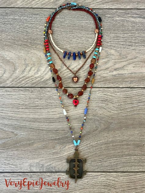 Stunning Bold Tribal Statement Necklace Beaded Bohemian - Etsy Layered Necklaces Boho, Multi Layered Necklace, Boho Beaded Necklace, Mixed Media Necklace, Peacock Pendant, Assemblage Necklace, Turtle Necklace, Multi Layer Necklace, Turtle Pendant