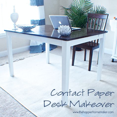 Contact Paper Desk Makeover Contact Paper Desk, Contact Paper Ideas, Paper Desk, Side Table Makeover, Desk Makeover, Office Crafts, Table Makeover, Diy Makeover, Craft Room Office