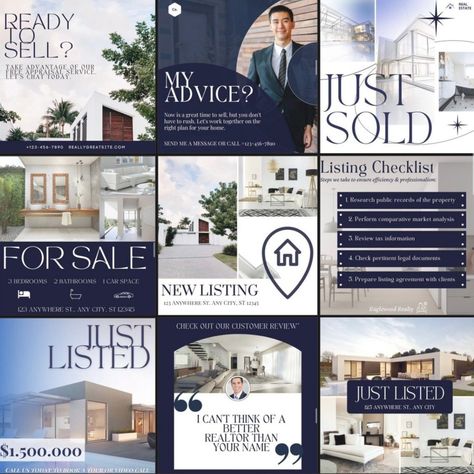 Enjoy 93 Real Estate Instagram Post Templates for Canva to take your Instagram page and your real estate business to the next level. Use these templates to increase follower engagement and grow your company by customizing the template to fit your desired fonts/colour scheme/photos. Using these Canva templates for Instagram, which include photo templates, SOLD / FOR SALE / JUST LISTED templates, educational templates, customer testimonial templates, quote templates,  and more, you are sure to dr Realtor Graphic Design, Real Estate Template Design, Real Estate Instagram Templates, Just Listed Real Estate Social Media, Just Sold Real Estate Marketing, Real Estate Instagram Posts Ideas, Real Estate Branding Ideas, Real Estate Creative Post, Real Estate Graphics