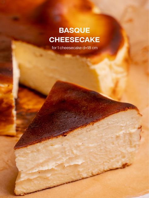 This document provides a recipe for a Basque cheesecake with a diameter of 18 cm. It lists the ingredients and their weights, totaling approximately 1130 grams. The main ingredients are cream cheese at 48%, whipping cream at 24%, and eggs at 13%. The instructions describe mixing the ingredients and pouring the cheesecake mixture into a ring mold on a baking tray. The cheesecake bakes at 250°C for 15 minutes until set around the edges but still liquid in the center, with an internal temperature Liquid Cheesecake, Cheesecake Mixture, Basque Cheesecake, Ring Mold, Whipping Cream, Baking Tray, Tray Bakes, Whipped Cream, 15 Minutes