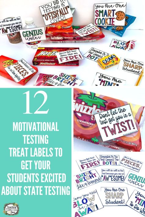 Standardized state testing doesn't have to be stressful.  This blog post contains teacher tips for stress-free testing.  It also contains a free printable resource full of testing treats labels to use with your students.  Encourage testing motivation with these tips, ideas, and free printables.  Your students will love the testing treat labels.  They are perfect to encourge testing motivation. Click below for more information. Standardized Testing Motivation, State Testing Motivation, Testing Treats For Students, Test Prep Motivation, Map Testing, State Testing Encouragement, Testing Treats, Testing Encouragement, Testing Motivation