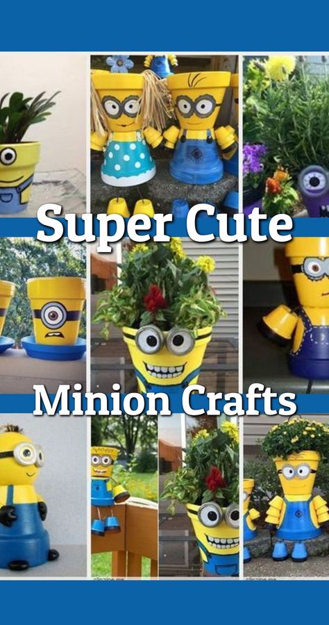 Super Cute Minion Crafts - Flower Pots Painted Like Minions. This adult thinks these DIY projects look FUN and adorable for my yard! Pot People Diy Terra Cotta, Clay Pot People Faces, Minion Diy, Minion Crafts, Minion Craft, Diy Flower Pot, Flower Pot Ideas, Painted Flower Pot, Diy Minions