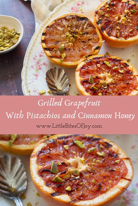 Grilled Grapefruit with Pistachios and Cinnamon Honey - Little Bites Of Joy Grapefruit Breakfast, Grapefruit Benefits, Fancy Dishes, Cinnamon Honey, Honey Toast, Simple Breakfast, Vegetarian Keto, Honey And Cinnamon, Vegetarian Paleo