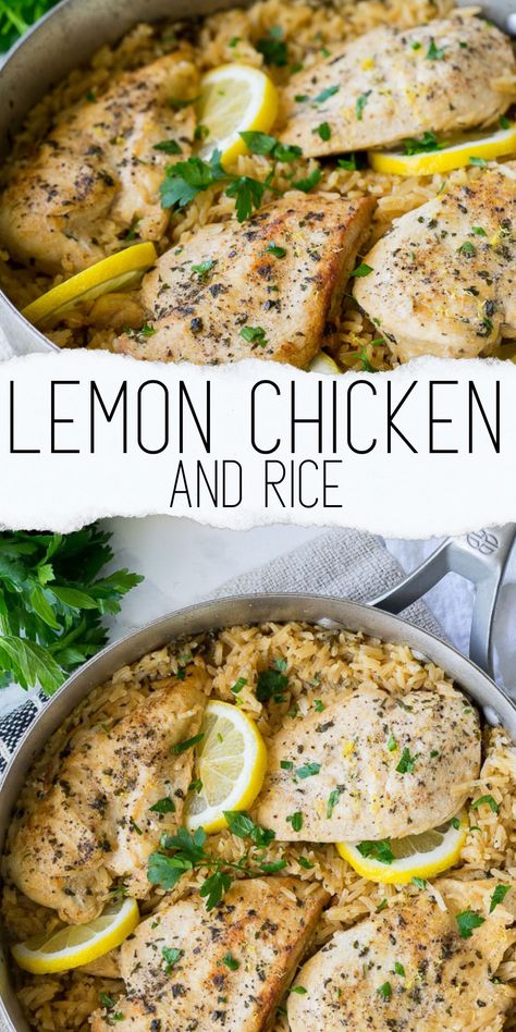 This quick and easy lemon chicken and rice skillet comes together in minutes using basic ingredients for a light and tasty spring dinner! Iwashyoudry Recipes, Lemon Chicken And Rice, Chicken Rice Skillet, Lemon Chicken Rice, Lemon Butter Chicken, Rice Skillet, Pepper Seasoning, Chicken Skillet, Lemon Rice