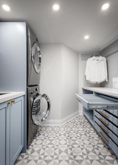 Soft Blue Laundry Room Cabinets with Pull Out Drying Rack - Transitional - Laundry Room Blue Laundry Room, Rack Design Ideas, Blue Powder Rooms, Flat Front Cabinets, Purple Cabinets, Laundry Room Drying Rack, Transitional Laundry Room, Narrow Laundry Room, Mosaic Floor Tiles