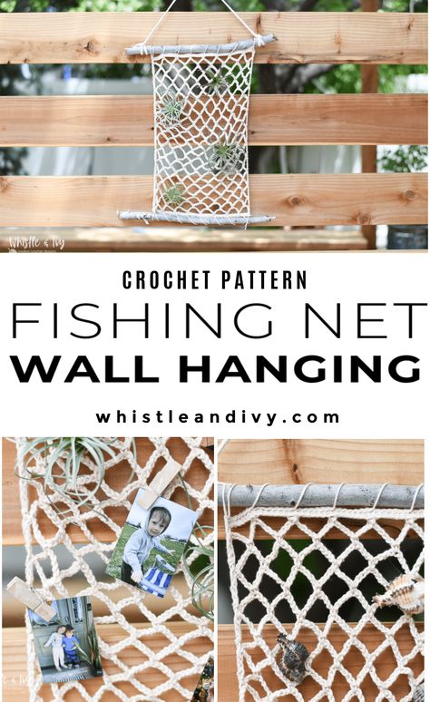 Crochet Fishing Net Wall Hanging - Beachy Decor Pattern Beach Crochet Decor, Crochet Net Pattern Free, Crochet Net Pattern, Diy Fishing Net, Fishing Net Wall Decor, Crochet Fishing, Crochet Netting, Net Crochet, Toy Net