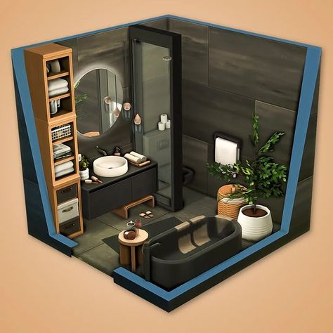 Sims 4 Mm Bathroom, 3x3 Sims Bathroom, Modern Sims 4 Interior, The Sims 4 Dining Room Ideas, Sims 4 Fancy Bathroom, Sims Modern Interior, Sims 4 Cc Bachelor Pad, Black Sims House, Modern Sims 4 House Interior