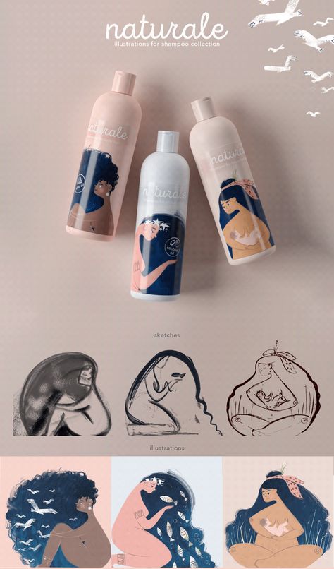 Packaging Design Shampoo, Illustration On Packaging, Illustrative Packaging Design, Shampoo Packaging Design Creative, Shampoo Branding Design, Serum Packaging Ideas, Cosmetic Branding Design, Hair Product Branding, Shampoo Logo Design