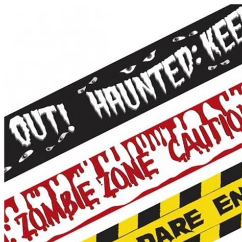 Pack of 3 Halloween Fright Night Tape Banners. Creepy party tape banner decorations.   Plastic 6.5cm wide x 9.1 metres long 3 x designs - design repeats Not self-adhesive Single sided For indoor and outdoor use  These eerie "Enter if your dare", "Caution Zombie Zone" and "Haunted Keep Out!" boundary party tape is the perfect way to decorate your Halloween or Horror party room or outdoor area! Create a sealed-off horror scene across an entrance, on a wall or over a window to freak your horrified guests out! Halloween Fright Night, Zombie Zone, Horror Scene, Horror Party, Party Room, Fright Night, Outdoor Area, Zombie, Banners