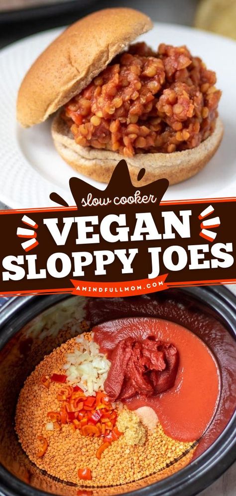 Slow Cooker Vegan Sloppy Joes, dinner ideas, crockpot recipes Slow Cooker Vegan, Lentil Sloppy Joes, Vegan Sloppy Joes, Sloppy Joe Recipe, Vegan Slow Cooker Recipes, Vegan Crockpot Recipes, Vegan Crockpot, Vegan Slow Cooker, Vegetarian Crockpot Recipes