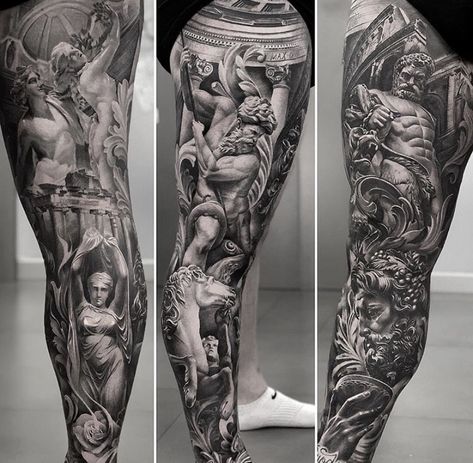 Zeus Tattoo Leg, Tattoo Leg Sleeve, Men Tattoo Ideas, Greek God Tattoo, Gladiator Tattoo, Best Leg Tattoos, Zeus Tattoo, Cool Half Sleeve Tattoos, Full Leg Tattoos