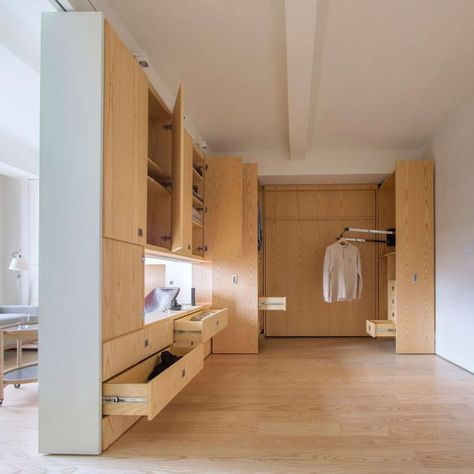 Architecture Workshop's 400-Square-Foot Studio Has a Secret Bedroom and Sleeps Six | 6sqft Manhattan Apartment Interior, Architecture Workshop, Moving Walls, Micro Apartment, Manhattan Apartment, Apartment Architecture, Tiny Apartment, Urban Living, Apartment Inspiration