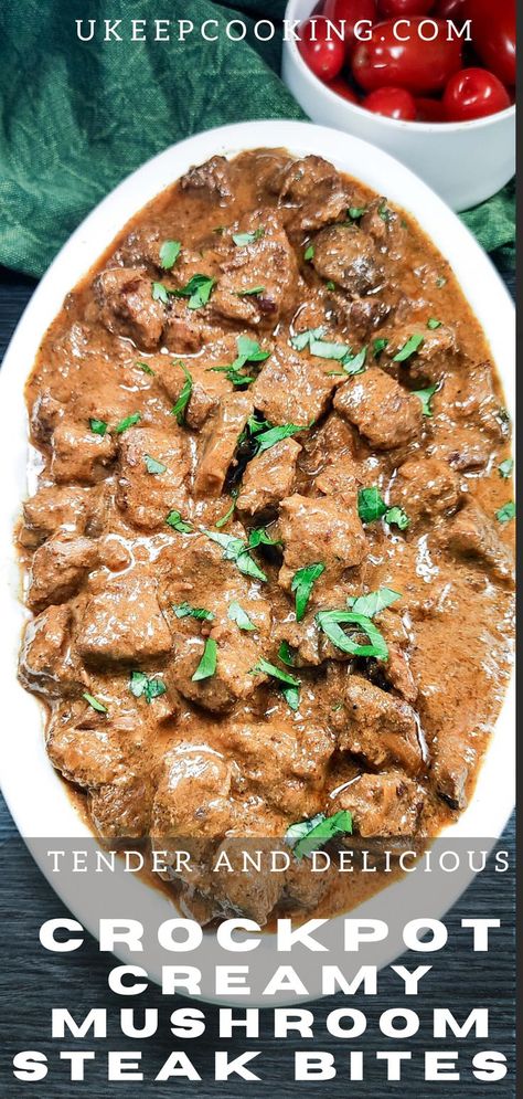 Beef And Mushroom Crockpot, Recipes Using Beefy Mushroom Soup, Beef Stew Cream Of Mushroom, Minute Steak Recipes Crockpot, Swiss Steak Recipes Crockpot, Mushroom Steak Bites, Creamy Mushroom Steak, Deer Tenderloin Recipes, Deer Steak Recipes