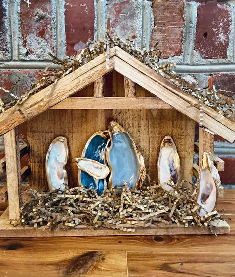 Oyster Nativity, Shell Nativity Scene, Oyster Shell Nativity, Shell Nativity, Sip And Shop, Oyster Ornament, Shell Yeah, Oyster Shell Crafts, Coastal Christmas Decor