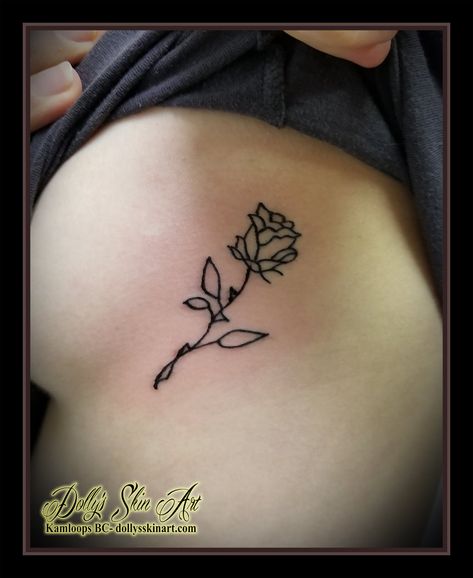 Side Ribs Tattoo, Rose Thigh Tattoo, Tattoo Single Needle, Rose Outline Tattoo, Ribs Tattoo, Tattoos On Side Ribs, Rose Tattoo Thigh, Rose Outline, Line Work