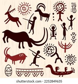 Set with prehistoric rock painting petroglyphs depicting human and animal. Cave art with ancient wild animal, hunter and ornament. Palaeolithic Petroglyphs with hunting scene. Vector illustration EPS8 Aries Tatoos, Primitive Animals, Petroglyphs Art, Paleolithic Art, Stone Age Art, Strength Tarot, Embroidery Quilt, Hunting Scene, Cave Art