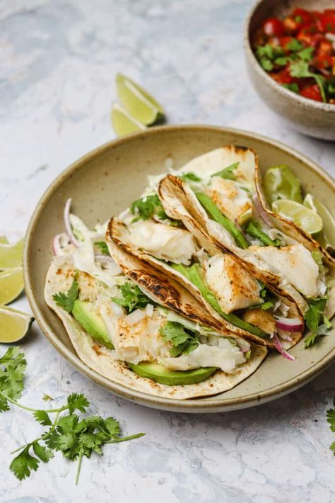 Fish Tacos With Cabbage Slaw, Tacos With Cabbage Slaw, Fish Tacos With Cabbage, Grilled Cod, Grilled Fish Tacos, Avocado Crema, Fish Tacos Recipe, Taco Recipe, Cod Fish