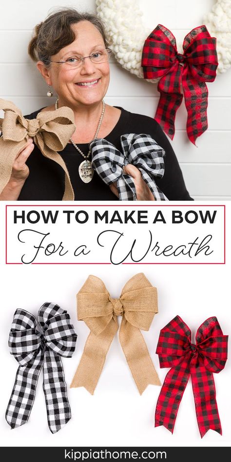 Three handmade ribbon bows, burlap, black and white check and red and black check ribbon How To Make A Ribbon Bow, Diy Cornhole, Diy Wreath Bow, Easy Bow, Tree Bows, Christmas Bows Diy, Bow Diy, Homemade Bows, Winter Arrangements