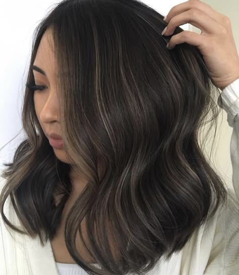 Dark Hair With Tiny Highlights, Brown Hair With Blended Blonde Highlights, Foilayage On Black Hair, Black Hair With Babylights Straight, Fine Highlights On Dark Hair, Trendy Hair Colours 2023, Partial Highlights For Dark Hair Black, Hire Color Ideas, Babylights Black Hair