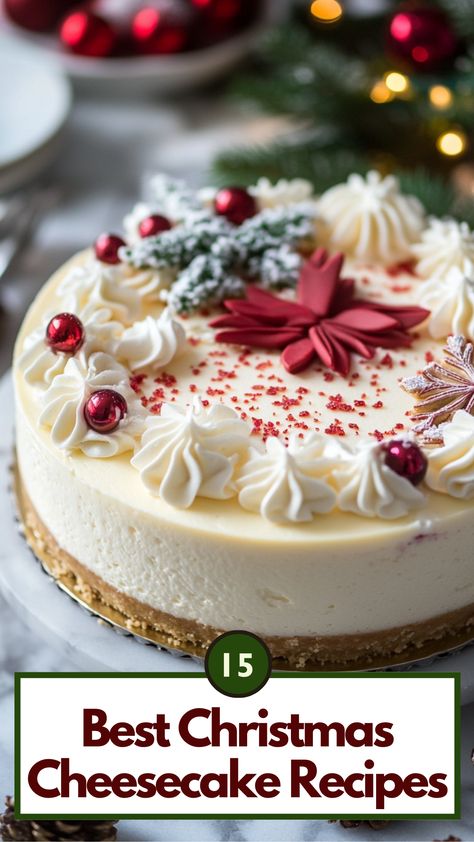 A beautiful holiday cheesecake topped with festive decorations, rich cream cheese layers, and a smooth crust, perfect for Christmas gatherings. Holiday Cheesecakes Christmas, Christmas Cherry Cheesecake, Easy Holiday Cheesecake, Festive Cheesecake Recipes, Christmas Cheesecakes Ideas, Cheesecake Christmas Holiday Desserts, New Years Eve Cake Ideas, Peppermint Cheesecake Recipes, Xmas Cheesecake