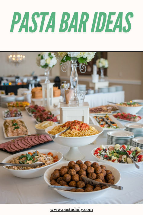 Ultimate Party Pasta Bar Ideas Set up an impressive self-serve pasta station that will wow guests at any party. Pasta Bars For Weddings, Pasta Buffet Ideas Food Bars, Dinner Bar Ideas Food Stations, Make Your Own Pasta Bar, Build Your Own Pasta Bar Ideas, Italian Pasta Bar Ideas, Pasta Bar Ideas Buffet Dinner Parties, Pasta Bar Ideas Birthday, Italian Food Bar Ideas