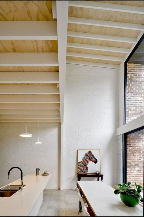 Brick Aperture House / Kreis Grennan Architecture | ArchDaily Plywood Ceiling, Interior Hallway, Painted Brick Walls, Recycled Brick, Timber Roof, Glass Extension, Double Height, Architectural Section, The Local Project