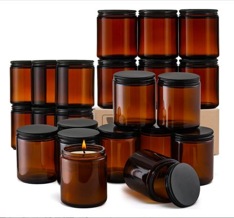 24 Pack, 8 OZ Thick Amber Round Glass Jars with Black Metal Lids - Empty Candle Making Jar, Food Storage Containers, Canning/Mason Jar For Spice, Powder, Liquid, Sample - Leakproof & Dishwasher Safe Candle Making Jars, Empty Candle, Mini Mason Jars, Baby Food Storage, Making Food, Food Candles, Amber Glass Jars, Glass Jars With Lids, Glass Jar Candles