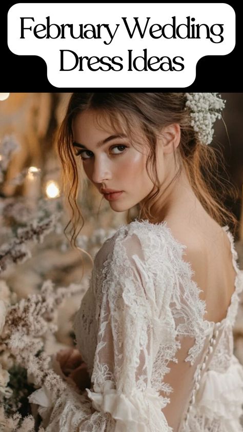 Bride wearing a long-sleeve February wedding dress with lace details in a winter setting. Winter Wedding Dress Unique, Boho Winter Wedding Dress, Velvet Gowns, Winter Wonderland Wedding Theme, Wonderland Wedding Theme, Outdoor Winter Wedding, Elegant Winter Wedding, February Wedding, Dress With Puffy Sleeves