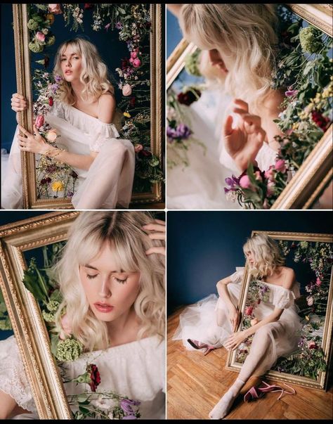 Flower Fashion Photography Editorial, Creative Spring Photoshoot, Whimsical Studio Photoshoot, Photoshoot With Picture Frame, Cottagecore Studio Photoshoot, Floral Frame Photoshoot, Aesthetic Studio Photography, Spring Shoot Ideas Photoshoot, Spring Equinox Photoshoot