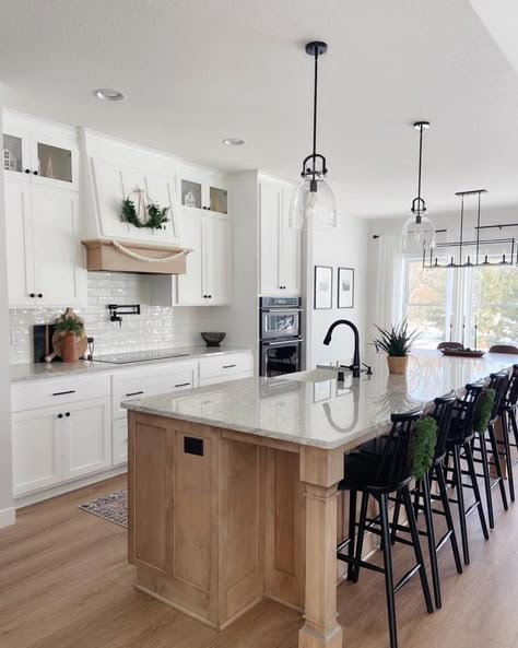 White Subway Tile Kitchen, Farmhouse Island, Farmhouse Build, Light Wood Kitchens, Dark Wood Kitchens, Wood Island, Wood Kitchen Island, New House - Kitchen, House Updates