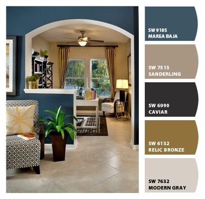 Blue Tan Paint Colors, Brown And Blue Paint Schemes, Blue Taupe Brown Color Palette, Teal Yellow Brown Color Palette, Teal Brown Gold Color Palette, City Loft Sherwin Williams, Living Room Types, Off White Paints, Bathroom Paint Colors