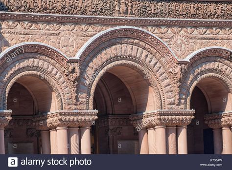 Old City Hall Richardsonian Romanesque Revival architectural details. Arches in the facade.The red stone old building - Stock Image Neo Romanesque Architecture, Romanesque Revival Architecture, Richardsonian Romanesque, Romanesque Architecture, Revival Architecture, Styled Stock Photos, Architectural Details, Old Building, Styled Stock