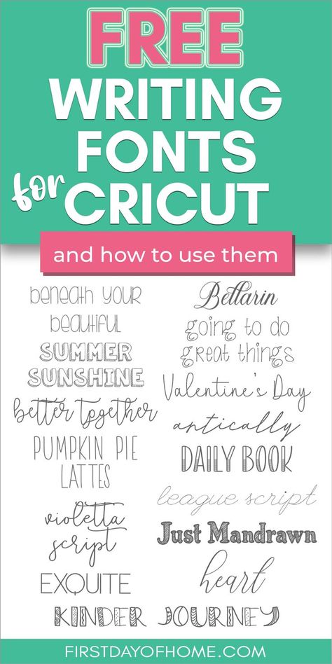 Collection of free Cricut fonts used for writing projects. Text overlay reads "Free Writing Fonts for Cricut" Free Cricket Fonts, Best Fonts For Writing With Cricut, Cricut Handwriting Fonts, Free Cursive Cricut Fonts, Best Writing Fonts For Cricut, Writing Fonts For Cricut Free, Writing With Cricut Maker, Cricut Pen Fonts, Free Cricut Fonts Downloads Svg