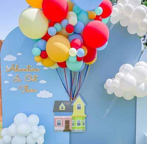 Up Themed Birthday Party Pixar Decorations, Movie Up Theme Party, Up Decorations Pixar, Up Gender Reveal Theme, Up Party Theme Disney, Up Themed Birthday Party Pixar, Up Baby Shower Theme, Up Themed Baby Shower Ideas, Up Gender Reveal