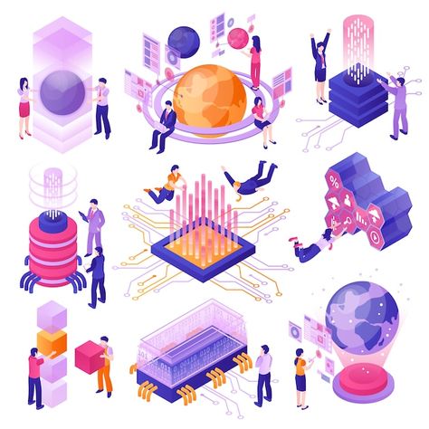 Modern future technologies isometric set | Free Vector #Freepik #freevector #tech-people #virtual-technology #reality #virtual Future Technology Design, Computer Character, Technology Illustration, Wallpaper Notebook, Isometric Design, Future Technology, Digital Artists, Set Free, Modern Technology