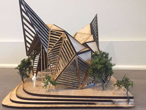 Amazing Wooden Architecture Studio 1 Final Model By Lauren Kembi Architectural Models Conceptual, Laser Model Architecture, Wooden Architecture Model, Concept Model Architecture Abstract, Lasercut Model Architecture, Triangle Building, Structural Model Architecture Wood, Kinetic Architecture, Wooden Architecture