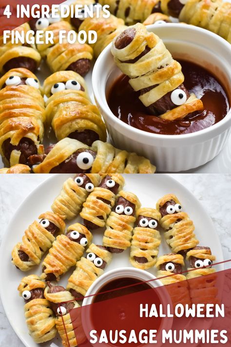 Mummy Sausage Rolls Halloween, Halloween Sausage Mummies, Halloween Sausage Fingers, Mummy Sausage Rolls, Halloween Baking Savoury, Halloween Nibbles Easy, Halloween Sausage Rolls, Savoury Halloween Party Food, Halloween Starters Food