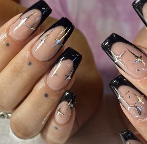 Black French Tip Nails Square With Charms, Black Nail Design Square, Black French Tips Design, Black And Silver French Nails, Square Witchy Nails, Black French Tip Nails Sparkle, Black Sparkling Nails, Black Nail Designs French, Glam Black Nails