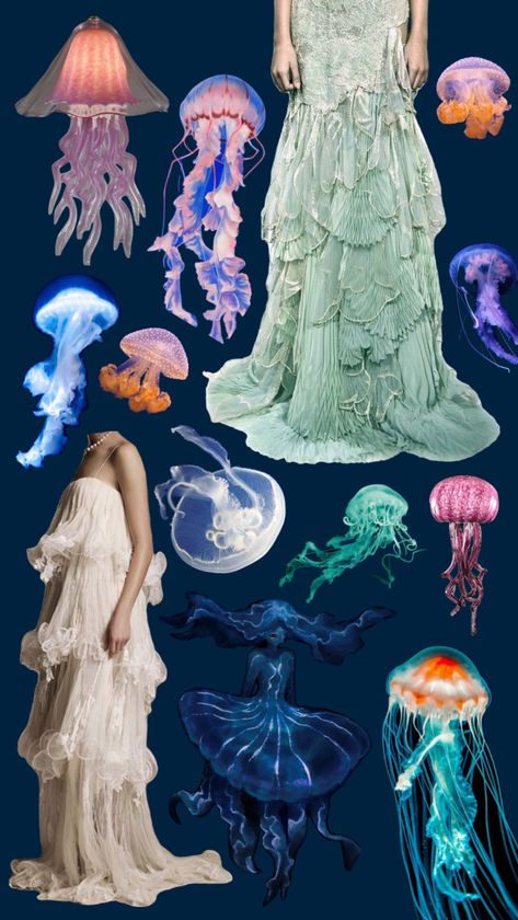 Jelly Fish Mood Board, Jelly Fish Clothes, Mermaid Fashion Design, Jellyfish Outfit Drawing, Fish Themed Outfit, Jellyfish Wedding Dress, Jellyfish Dress Fashion, Ocean Themed Fashion, Jellyfish Inspired Outfit