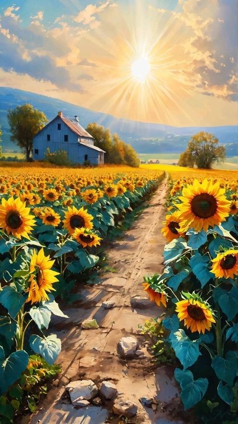 Acrylic Landscape Paintings, Painting Sunflowers, Sunshine Flowers, Photoshop Backgrounds Backdrops, Sunflower Pictures, Hd Nature Wallpapers, Acrylic Landscape, Acrylic Painting Lessons, Landscape Paintings Acrylic