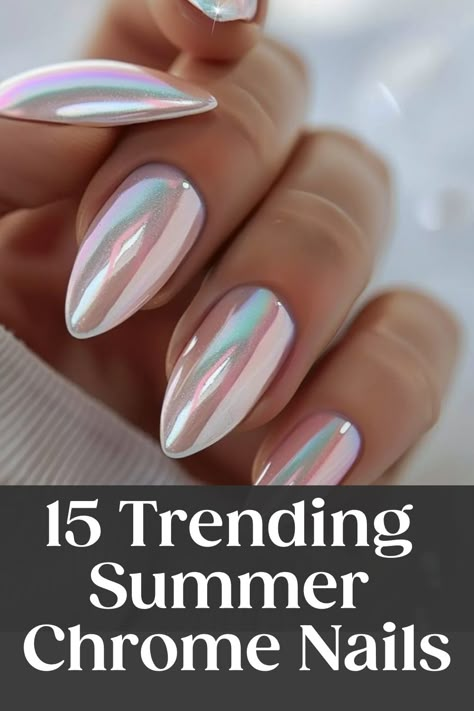 15 colorful chrome nails on a hand. Chrome Fingernail Polish, Chrome Trendy Nails, Mermaid Chrome Nails Designs, Summer Nails Chrome Pink, Opal Nail Color, Summer 2024 Chrome Nails, How To Get Chrome Nails, Summer Nail 2024 Trends Chrome, Chrome Nail Ideas Summer