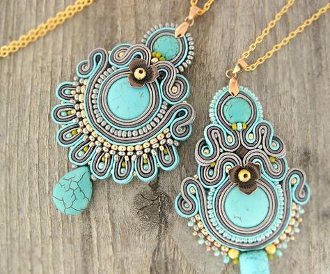 Soutache Bracelet, Soutache Pendant, Shibori Jewelry, Boho Embroidery, Boho Chic Necklace, Soutache Necklace, Beadwork Necklace, Chic Necklace, Turquoise Boho