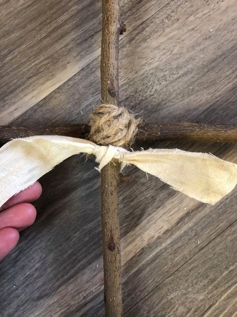 DIY Rag Cross - The Shabby Tree Stick Crosses Diy, Diy Crosses, Cross Wreath Diy, Crosses Diy, Shabby Tree Crafts, Fall Craft Show, Burlap Cross, Crafts For Holidays, Jute Flowers