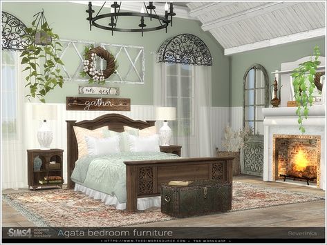 Sims 4 — Agata bedroom furniture by @irinaseverinka— A set of furniture for decoration bedroom in the Farmhouse style. The Severinka Sims 4, Sims 4 Furniture, Living Room Sims 4, Sims 4 Cottage, Farm Bedroom, Furniture Cc, Sims 4 Bedroom, Cottage Furniture, Hall Interior