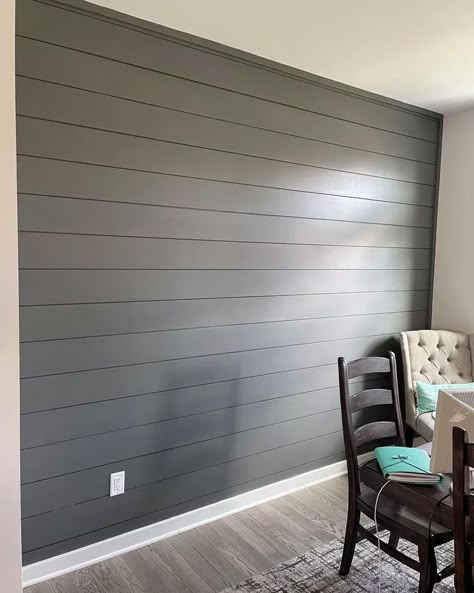 Grizzle Gray Accent Wall, Carbonized By Sherwin Williams, Dark Grey Accent Wall Bathroom, Grey Vertical Shiplap Wall, Sherwin Williams Homberg Grey, Gray Basement Walls, Sw Grey Paint Colors, Gray Accent Wall Bathroom, Grizzle Grey Sherwin Williams Paint