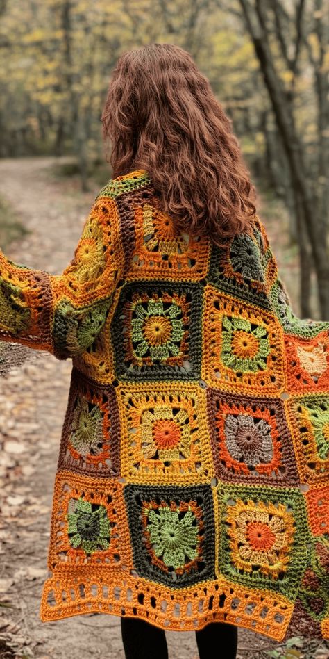 Crochet Granny Square Coat Pattern, Granny Square Long Vest Pattern, 1980s Crochet Patterns, Beautiful Crochet Ideas, Granny Square Coat Pattern Free, Granny Square Cardigan Free Pattern, Unusual Crochet Projects, Crochet Granny Square Duster, Whimsical Crochet Patterns