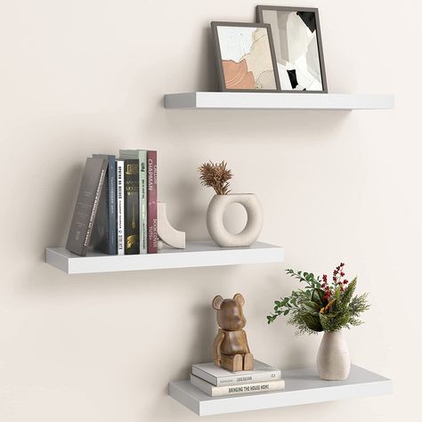 #HomeDecor #GamingRoomDecor #FloatingShelves Wood Storage Shelves, Floating Shelves Bedroom, Shelf Decor Bedroom, Modern Floating Shelves, Black Floating Shelves, Floating Shelf Decor, White Floating Shelves, White Shelves, Room Shelves