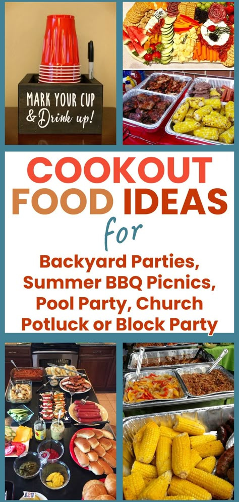 Cookout food ideas-backyard parties, summer BBQ picnics, Pool Party, Church Potluck or Block party to feed a crowd on a budget Outdoor Party Food Ideas For A Crowd, Neighborhood Potluck Ideas, Neighborhood Party Food Ideas, Large Cookout Food Ideas, Block Party Ideas Food, Adult Bbq Party Ideas, Food Ideas For Large Parties, Summer Block Party Ideas, What To Bring To A Cookout