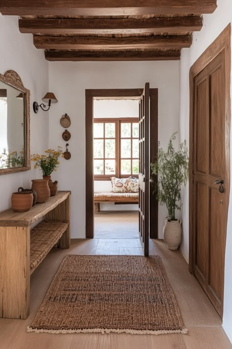 Spanish House Entryway, Mexican Colonial Decor, Modern Spanish Style Entryway, Small Spanish Bungalow Interior, Organic Spanish Decor, Modern Spanish Style Homes Interior Living Room, Adobe Home Decor, Spanish Bungalow Interior Decor, Spanish Farmhouse Interior